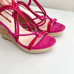 PRADA Strappy Suede Slingback Cork Wedge Sandals in Fuchsia Red Size 38.5 US 8.5